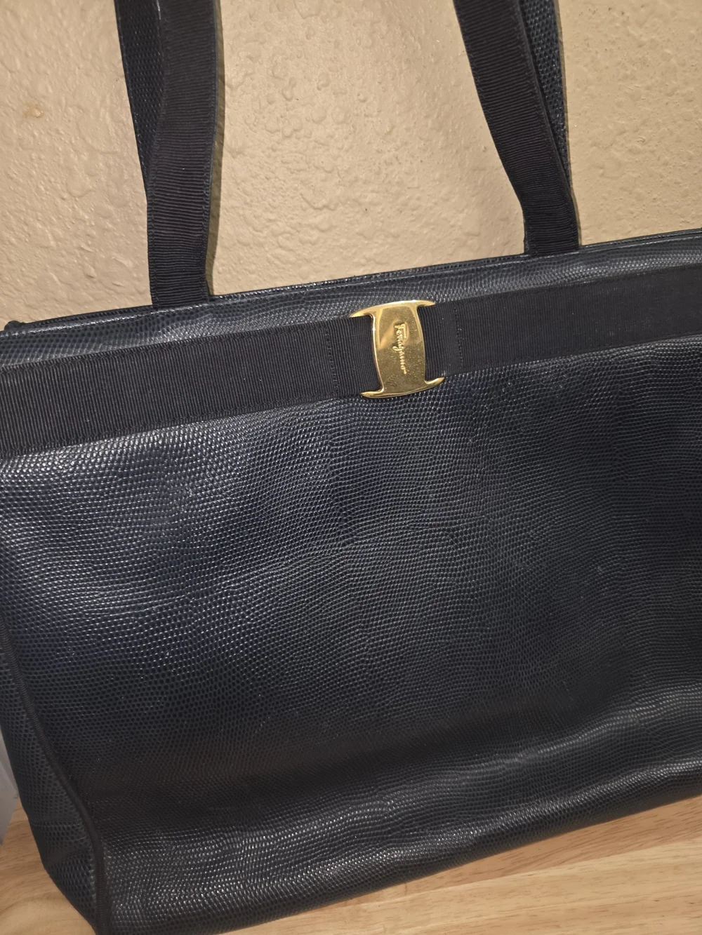 Vintage Salvatore Ferragamo Vara Tote Navy Lizard Embossed Leather